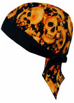 Skull Doo Rag Motorcycle Cap Skeleton Heads Orange and Black Biker Dorag w/ Sweatband MADE IN AMERICA