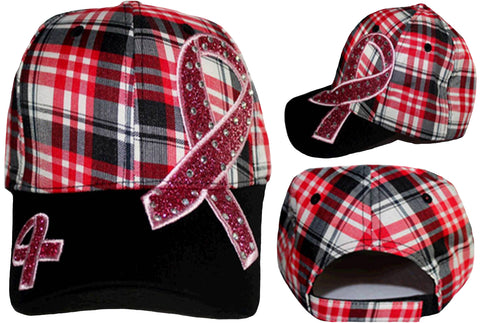 Pink Ribbon Checkered Baseball Cap Breast Cancer Awareness Womens Red, Black and White Hat