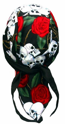 Red Rose and Skulls Doo Rag Hat MADE IN AMERICA Bandana Head Wrap Black, Red and White for Men or Women