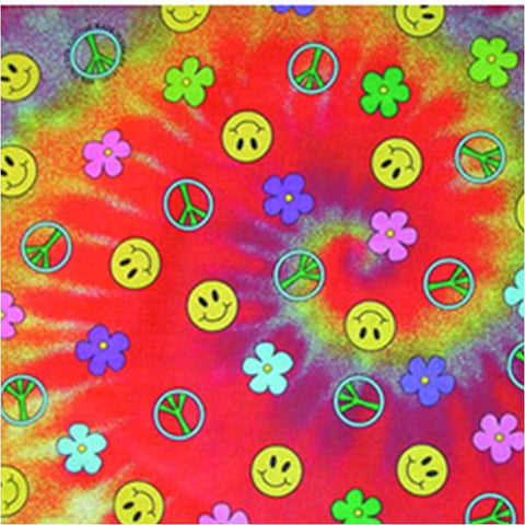 Tie Dye Bandana Hippie 60s Peace Sign Smiley Face Flowers Cotton Rainbow Colors