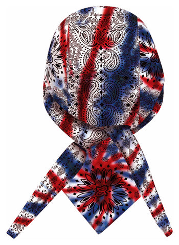 Tie Dye Doo Rag 1960s Patriotic Red White Blue Paisley Tye Die Hippie Fun Woodstock with SWEATBAND