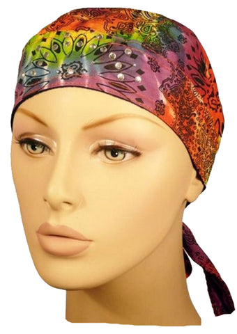 Tie Dye Bandana Headwrap Boho Cap 1960s Tye Die Hippie Cotton Hippy Hat Fun Woodstock Rainbow 60s Colorful Hi-Vis, Womens Mens
