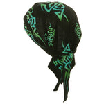 Tribal Doo Rag Head Wrap Black and Turquoise Green Durag Skull Cap Cotton Sporty Motorcycle Hat