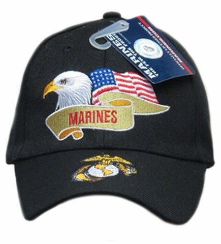 U.S. Marine Corps Hat, United States Marines Black Baseball Cap with Eagle Flag, Officially Licensed