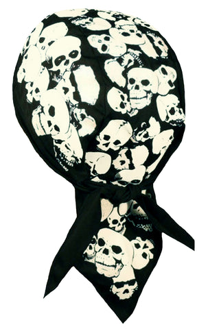 Skull Doo Rag Motorcycle Cap Skeleton Heads Black and White Biker Dorag w/ Sweatband MADE IN AMERICA