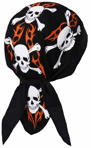 Skulls Crossbones Tribal Flames Flames Doo Rag Hat MADE IN AMERICA Bandana Head Wrap Black, White and Orange for Men or Women